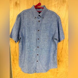 Lands End Traditional Fit Mens M Blue Linen Button Front Short Sleeve Shirt